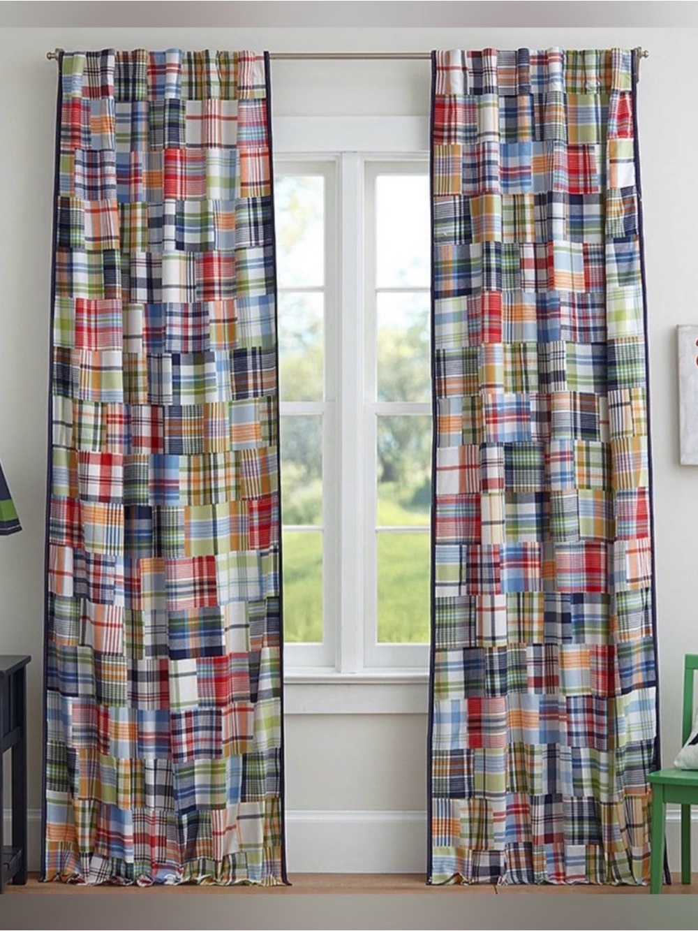 Pair POTTERY BARN KIDS MADRAS Plaid
Patchwork Cotten Blackout CURTAINS 44x84 (2)